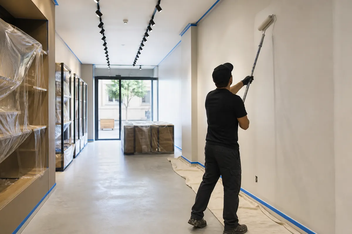 Pintura profissional em um espaço comercial organizado