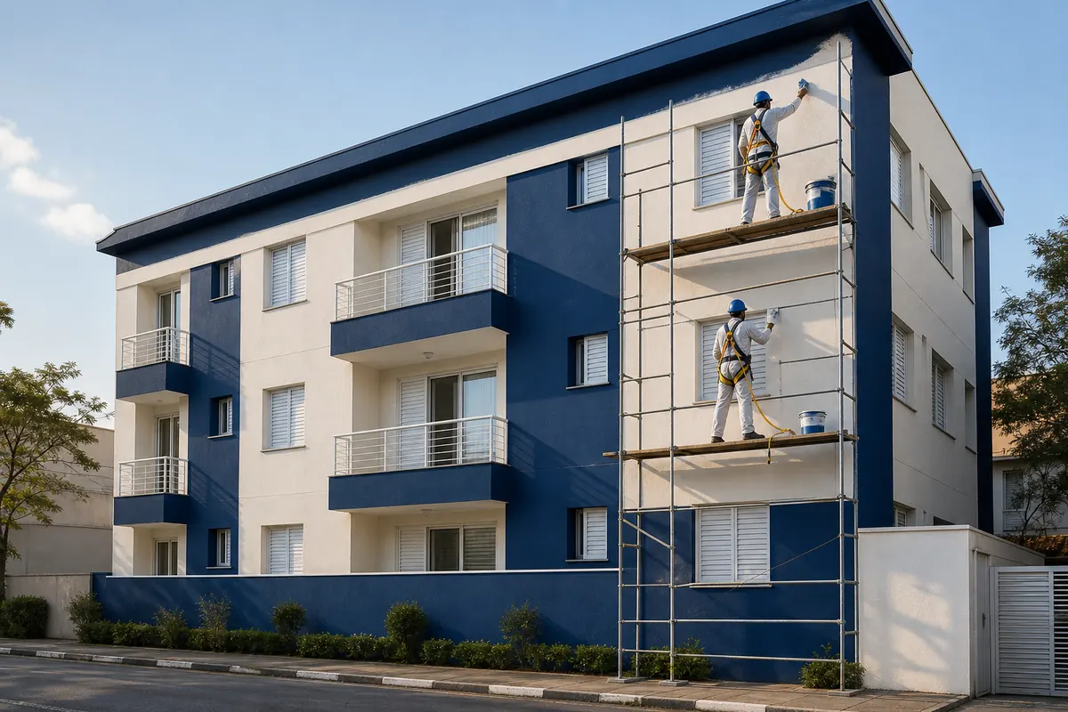 Pintura externa de fachada predial com equipamentos de segurança
