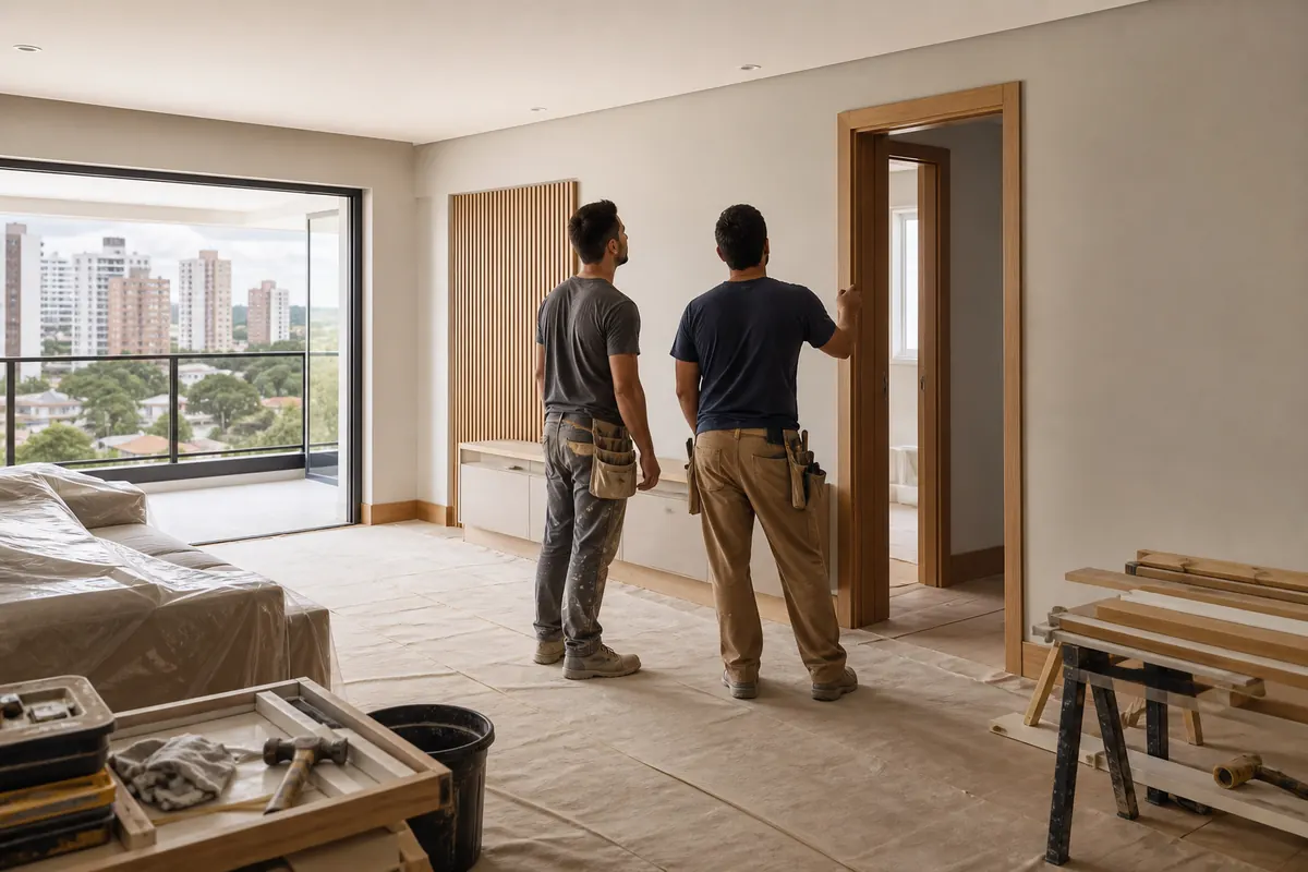 Profissionais avaliando o acabamento de um apartamento em reforma